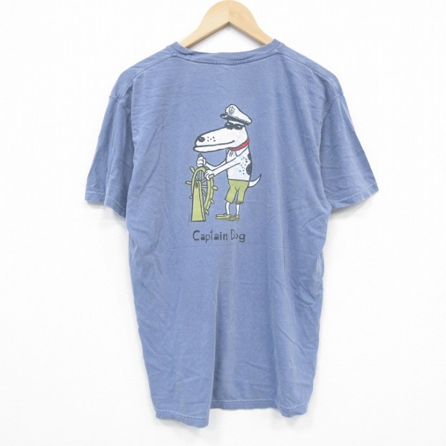L★古着 半袖 Tシャツ メンズ 犬 クルーネック 薄紺 ネイビー 25jul26 中古