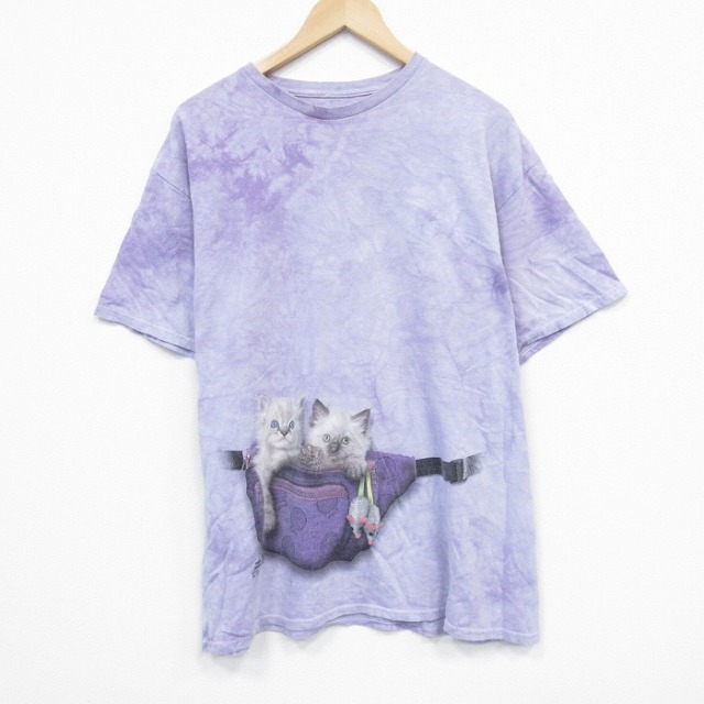 XL★古着 THE MOUNTAIN 半袖 Tシャツ メンズ ネコ コットン クルーネック 紫他 パープル ダイダイ 25jul26 中古