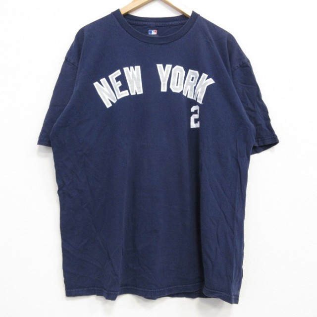 XL★古着 半袖 Tシャツ メンズ MLB ニューヨークヤンキース デレクジータ 2 コットン クルーネック 紺 ネイビー メジャーリーグ ベースボール 野球 25jul25 中古