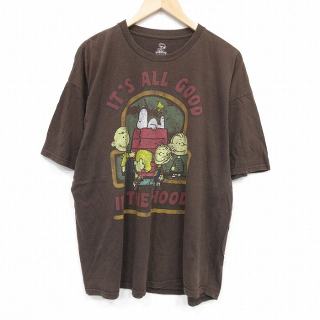 XL★古着 半袖 Tシャツ メンズ ピーナッツ スヌーピー SNOOPY チャーリーブラウン 大きいサイズ コットン クルーネック こげ茶 ブラウン 【spe】 25jul28 中古