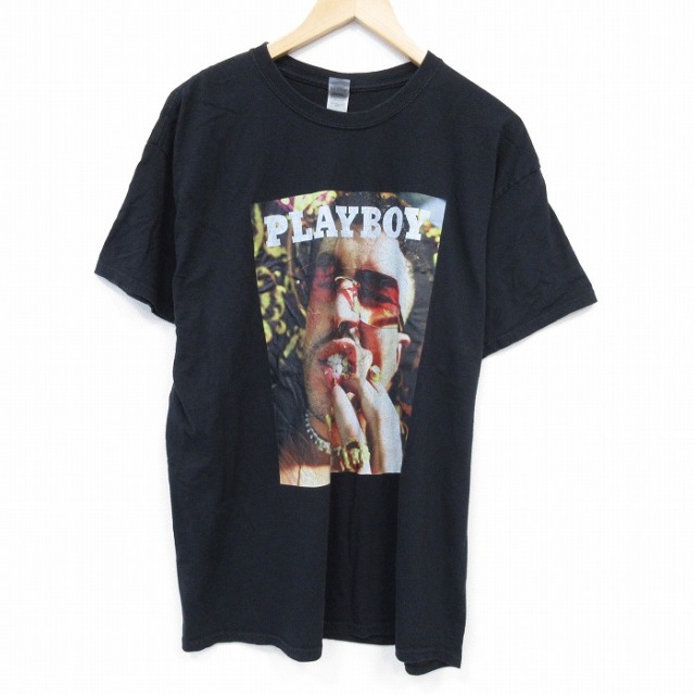 【50%OFF】XL★古着 半袖 Tシャツ メンズ プレイボーイ PLAY BOY コットン クルーネック 黒 ブラック 25jul28 中古