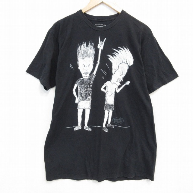 【50%OFF】L★古着 半袖 Tシャツ メンズ ビーバスアンドバッドヘッド コットン クルーネック 黒 ブラック 25jul28 中古