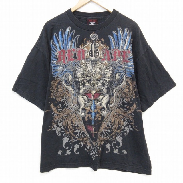XL★古着 半袖 Tシャツ メンズ RED APE 大きいサイズ コットン クルーネック USA製 黒 ブラック 25jul28 中古