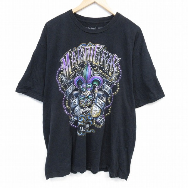 XL★古着 半袖 Tシャツ メンズ ハードロックカフェ マルディグラ 大きいサイズ コットン クルーネック 黒 ブラック 25jul29 中古