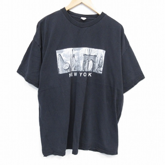 XL★古着 半袖 Tシャツ メンズ ニューヨーク 大きいサイズ コットン クルーネック 黒 ブラック 25jul29 中古