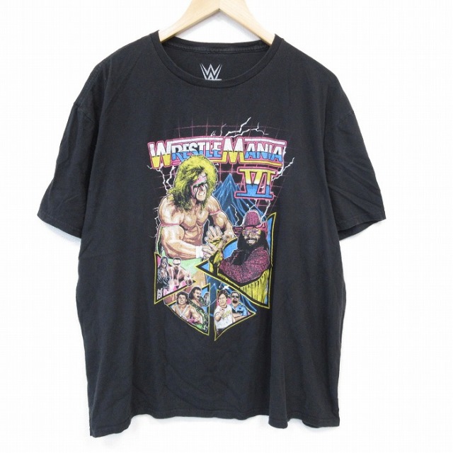 XL★古着 半袖 Tシャツ メンズ ワールドプロレスリング レッスルマニア ドラマ 大きいサイズ コットン クルーネック 黒 ブラック 25jul29 中古