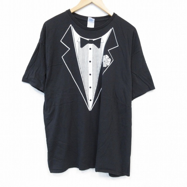 XL★古着 半袖 Tシャツ メンズ タキシード 大きいサイズ コットン クルーネック 黒 ブラック 25jul29 中古