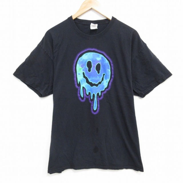 XL★古着 半袖 Tシャツ メンズ スマイル コットン クルーネック 黒 ブラック 25jul30 中古