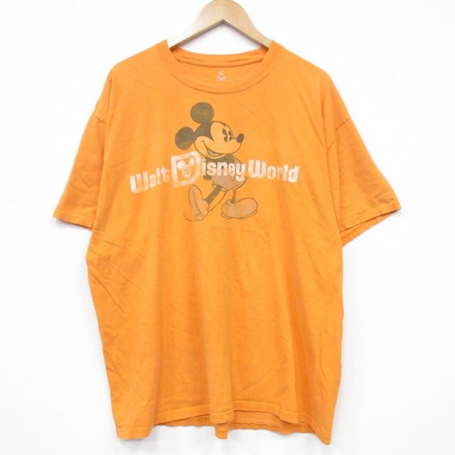 XL★古着 ヘインズ Hanes 半袖 Tシャツ メンズ ディズニー DISNEY ミッキー MICKEY MOUSE 大きいサイズ コットン クルーネック オレンジ 25jul31 中古