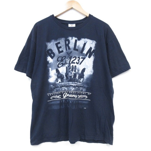 XL★古着 半袖 Tシャツ メンズ ベルリン 大きいサイズ コットン クルーネック 黒 ブラック 25jul31 中古