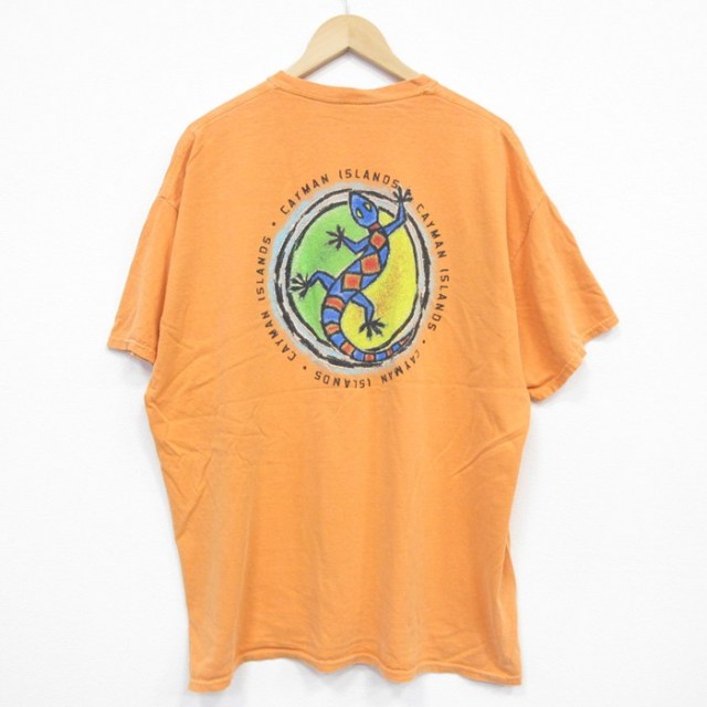 【50%OFF】XL★古着 半袖 Tシャツ メンズ トカゲ 大きいサイズ クルーネック オレンジ 25jul31 中古