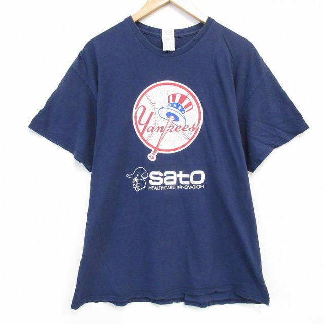 XL★古着 半袖 Tシャツ メンズ MLB ニューヨークヤンキース 佐藤製薬 コットン クルーネック 紺 ネイビー メジャーリーグ ベースボール 野球 25aug01 中古