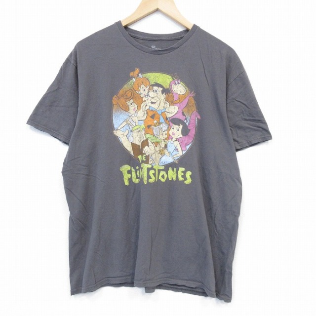 XL★古着 半袖 Tシャツ メンズ アニメ 原始家族 フリントストーン 大きいサイズ コットン クルーネック 薄茶 ブラウン 【spe】 25aug04 中古