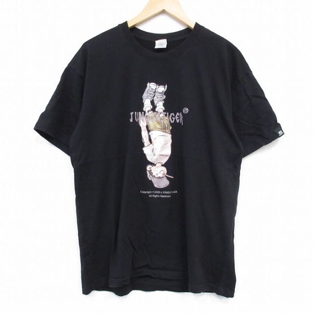 L★古着 半袖 Tシャツ メンズ ジャングルタイガー コットン クルーネック 黒 ブラック 25aug04 中古