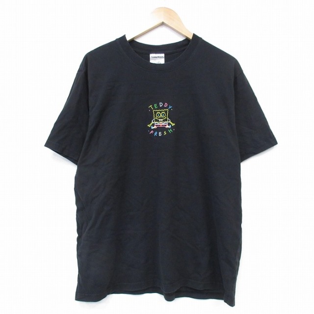 【50%OFF】XL★古着 半袖 Tシャツ メンズ アニメ ニコロデン スポンジボブ 刺繍 コットン クルーネック 黒 ブラック 25aug07 中古