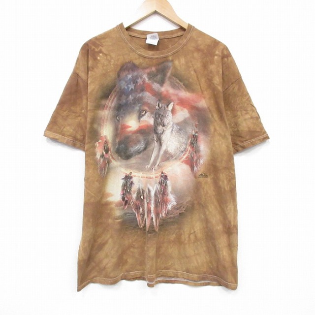 【50%OFF】XL★古着 半袖 Tシャツ メンズ オオカミ 大きいサイズ コットン クルーネック 薄茶他 ブラウン ダイダイ 25aug07 中古