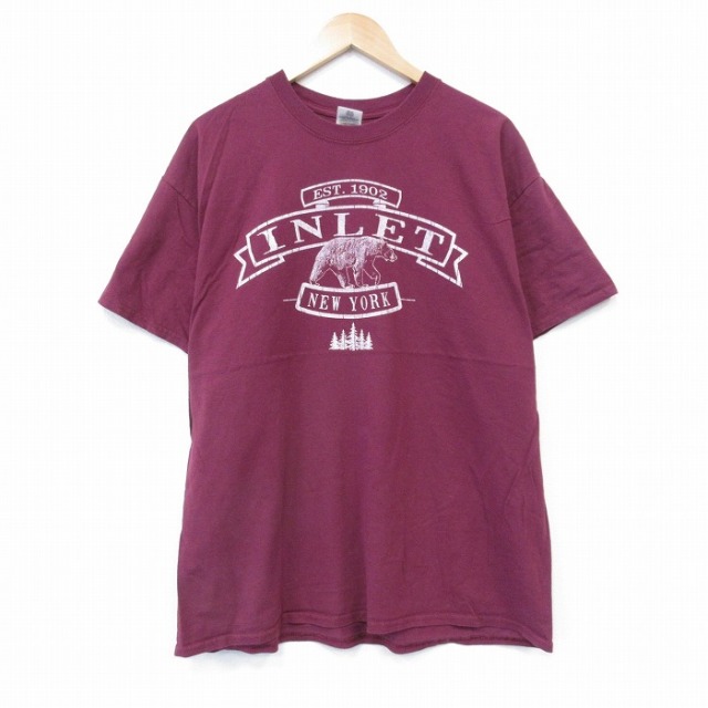 XL★古着 半袖 Tシャツ メンズ クマ コットン クルーネック エンジ 25aug13 中古