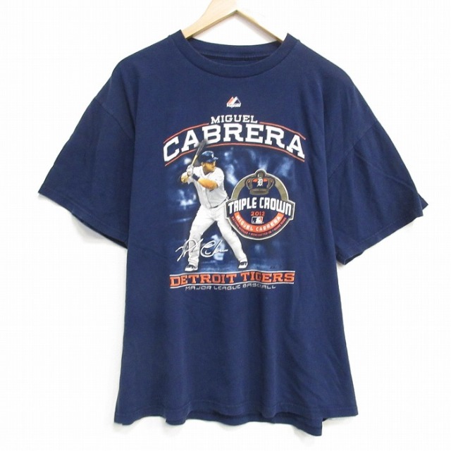 【50%OFF】XL★古着 マジェスティック 半袖 Tシャツ メンズ MLBデトロイトタイガース ミゲルカブレラ 24 大きいサイズ コットン クルーネック 紺 ネイビー メジャーリーグ ベースボール 野球 【spe】 25aug18 中古