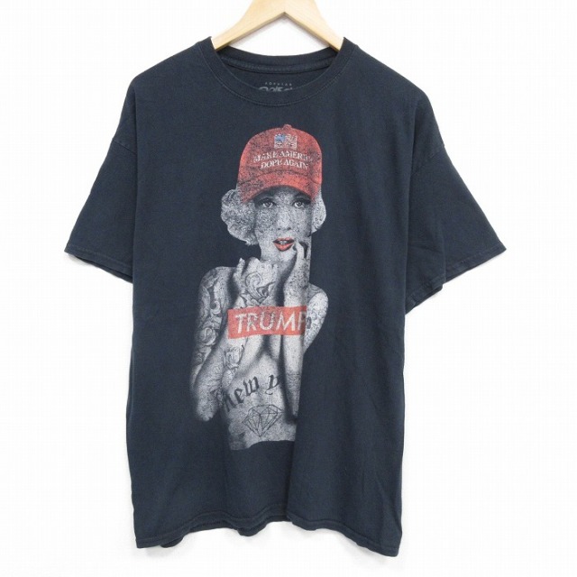 【20%OFF】XL★古着 半袖 Tシャツ メンズ トランプ 大きいサイズ コットン クルーネック 黒 ブラック 25aug18 中古