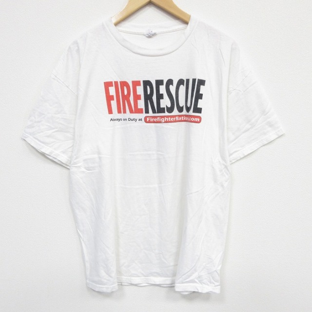 【50%OFF】XL★古着 半袖 Tシャツ メンズ 消防士 大きいサイズ コットン クルーネック 白 ホワイト 25aug18 中古