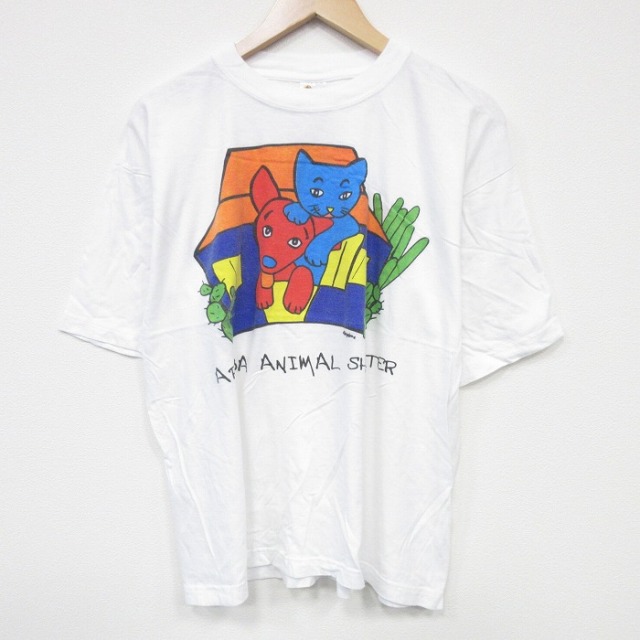 XL★古着 半袖 Tシャツ メンズ 犬 ネコ コットン クルーネック 白 ホワイト 25aug19 中古