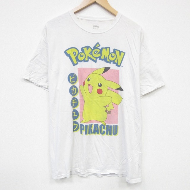 【50%OFF】XL★古着 半袖 Tシャツ メンズ アニメ ポケットモンスター ポケモン ピカチュー コットン クルーネック 白 ホワイト 25aug19 中古