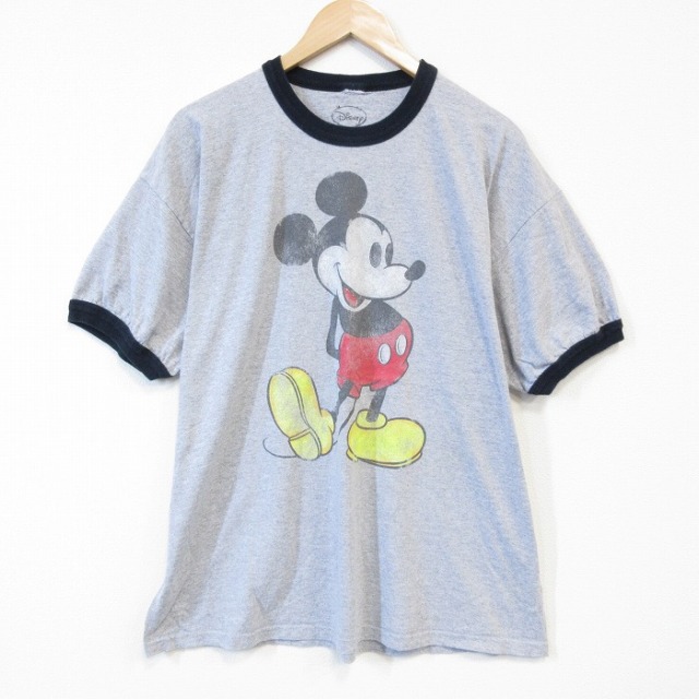 XL★古着 半袖 Tシャツ メンズ ディズニー DISNEY ミッキー MICKEY MOUSE クルーネック グレー 霜降り リンガー 【spe】 25aug20 中古