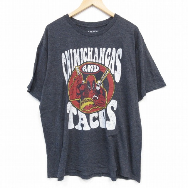 XL★古着 半袖 Tシャツ メンズ マーベル デッドプール 大きいサイズ クルーネック 濃グレー 霜降り 25aug20 中古
