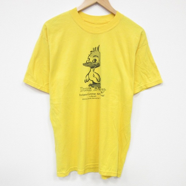 【50%OFF】L★古着 半袖 Tシャツ メンズ アヒル 企業広告 クルーネック 黄 イエロー 25aug21 中古