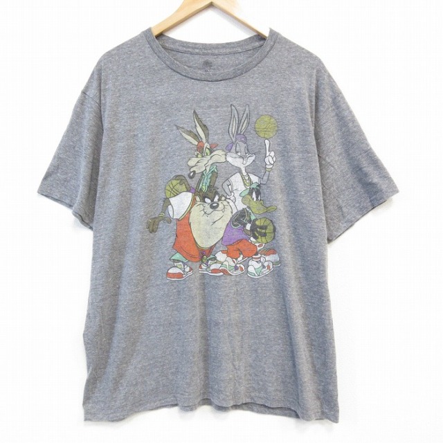 XL★古着 半袖 Tシャツ メンズ ルーニーテューンズ LOONEY TUNES バックスバニー タズ クルーネック グレー 霜降り 25aug26 中古