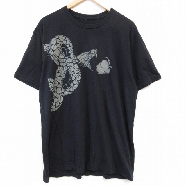 【50%OFF】XL★古着 半袖 Tシャツ メンズ ヘビ クルーネック 黒 ブラック 25aug26 中古