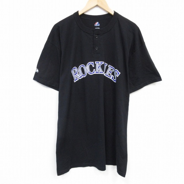 【20%OFF】XL★古着 マジェスティック 半袖 Tシャツ メンズ MLB コロラドロッキーズ 大きいサイズ ヘンリーネック 黒 ブラック メジャーリーグ ベースボール 野球 25aug22 中古