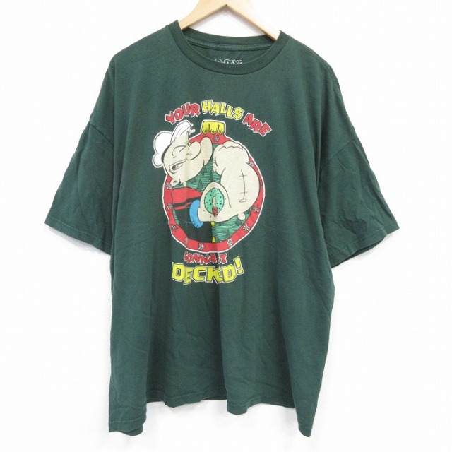 XL★古着 半袖 Tシャツ メンズ アニメ ポパイ 大きいサイズ コットン クルーネック 濃緑 グリーン 25aug22 中古