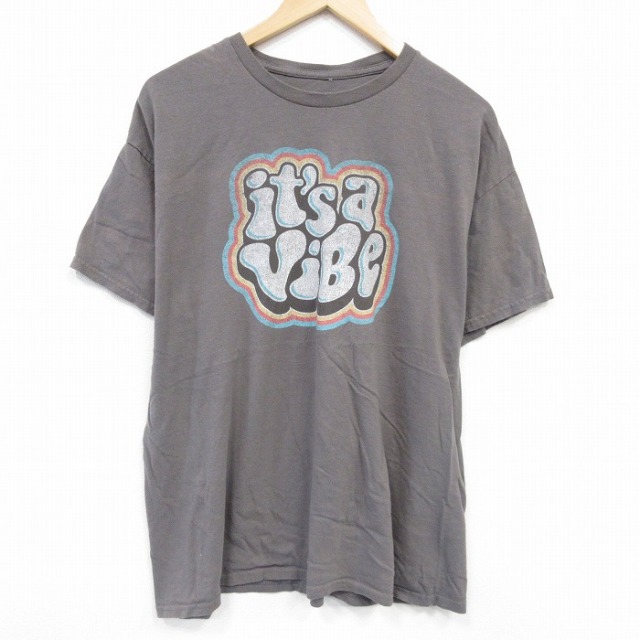 【50%OFF】XL★古着 半袖 Tシャツ メンズ ViBe コットン クルーネック 薄こげ茶 ブラウン 25aug22 中古