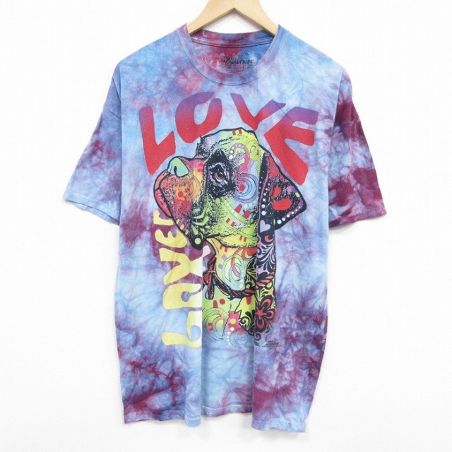 XL★古着 THE MOUNTAIN 半袖 Tシャツ メンズ 犬 大きいサイズ コットン クルーネック 水色他 タイダイ 25aug22 中古