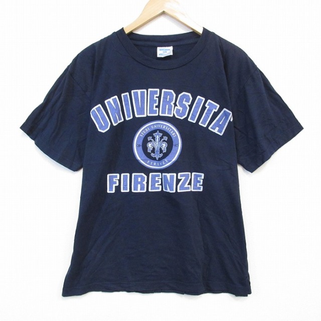【50%OFF】XL★古着 半袖 Tシャツ メンズ FIRENZE カレッジ コットン クルーネック 紺 ネイビー 霜降り 25aug25 中古