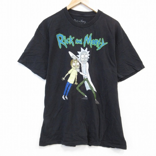 【50%OFF】XL★古着 半袖 Tシャツ メンズ アニメ リックアンドモーティ コットン クルーネック 黒 ブラック 25aug25 中古
