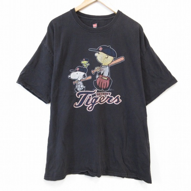 XL★古着 ヘインズ Hanes 半袖 Tシャツ メンズ スヌーピー SNOOPY MLBデトロイトタイガース 大きいサイズ コットン クルーネック 黒 ブラック 【spe】 メジャーリーグ ベースボール 野球 25aug26 中古