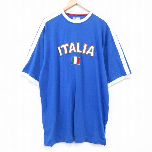 XL★古着 半袖 Tシャツ メンズ イタリア 刺繍 大きいサイズ ロング丈 コットン クルーネック 青他 ブルー 25aug27 中古