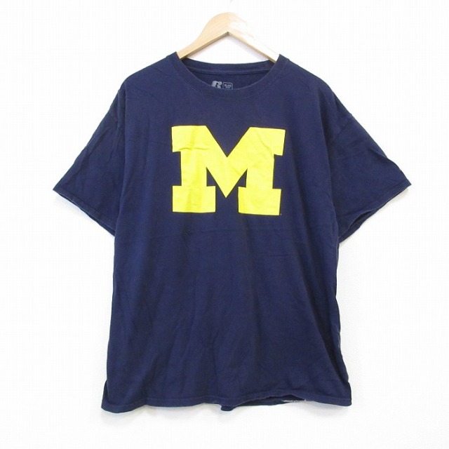 【50%OFF】XL★古着 ラッセル 半袖 Tシャツ メンズ M コットン クルーネック 紺 ネイビー 25aug27 中古