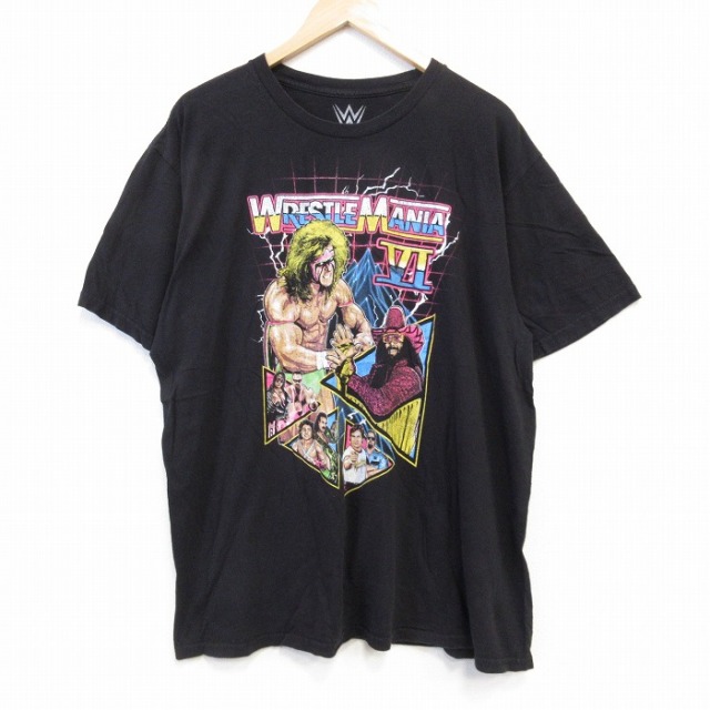 XL★古着 半袖 Tシャツ メンズ ワールドプロレスリング 大きいサイズ コットン クルーネック 黒 ブラック 25aug27 中古