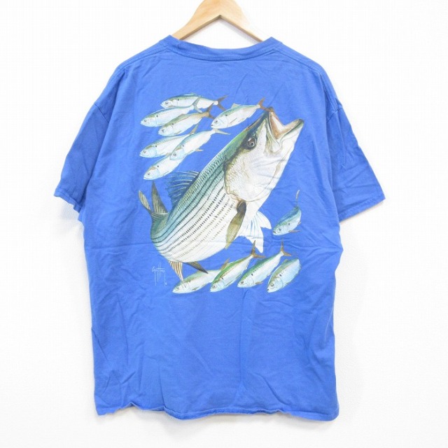 XL★古着 GUYHARVEY 半袖 Tシャツ メンズ 魚 胸ポケット付き コットン クルーネック 水色 25aug27 中古