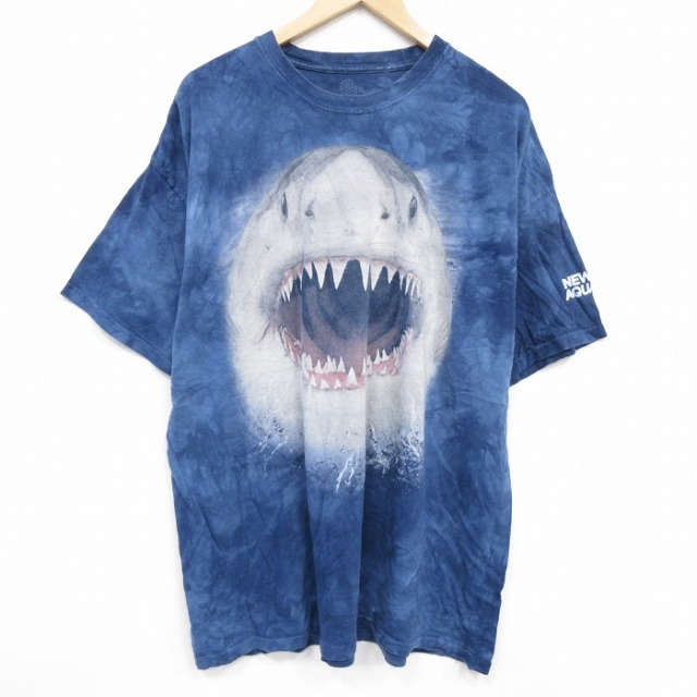 XL★古着 THE MOUNTAIN 半袖 Tシャツ メンズ サメ 大きいサイズ コットン クルーネック 紺他 ネイビー タイダイ 【spe】 25aug28 中古