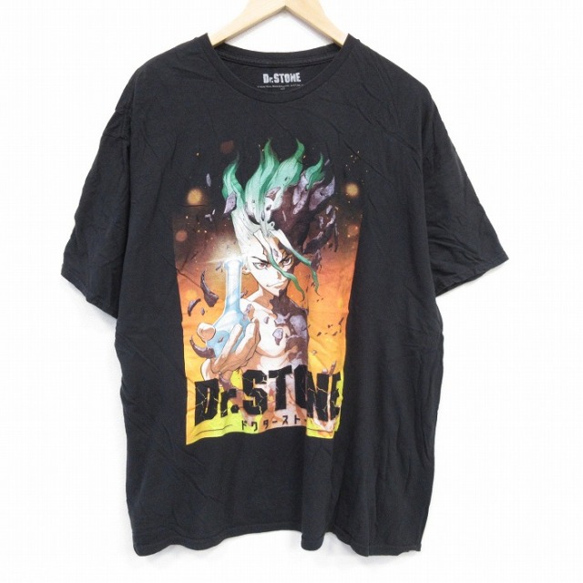 XL★古着 半袖 Tシャツ メンズ アニメ ドクターストーン 大きいサイズ コットン クルーネック 黒 ブラック 25aug28 中古