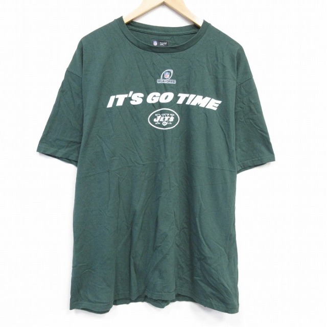 【50%OFF】XL★古着 半袖 Tシャツ メンズ NFL ニューヨークジェッツ 大きいサイズ コットン クルーネック 濃緑 グリーン アメフト スーパーボウル 25aug28 中古
