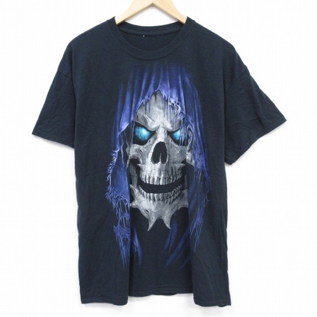 XL★古着 半袖 Tシャツ メンズ スカル 大きいサイズ クルーネック 黒 ブラック 25aug29 中古