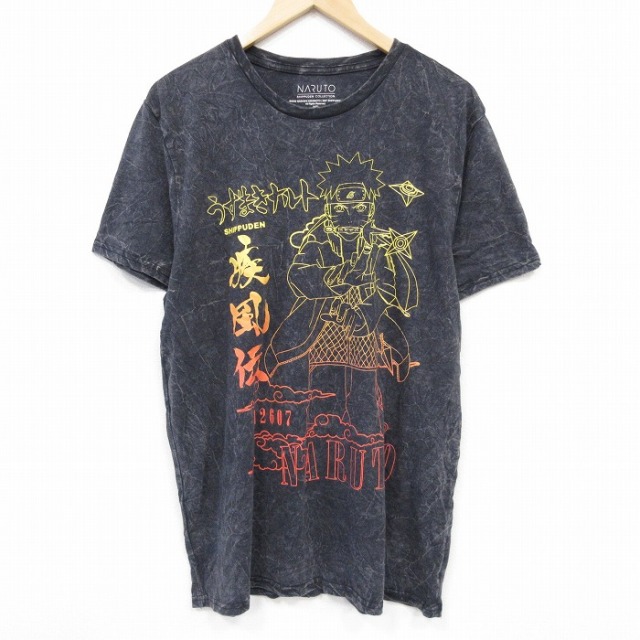 XL★古着 半袖 Tシャツ メンズ アニメ ナルト疾風伝 うずまきナルト クルーネック 黒他 ブラック タイダイ 25aug29 中古