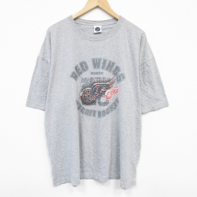 【50%OFF】XL★古着 半袖 Tシャツ メンズ NHL デトロイトレッドウィングス 大きいサイズ クルーネック グレー 霜降り アイスホッケー 25aug29 中古