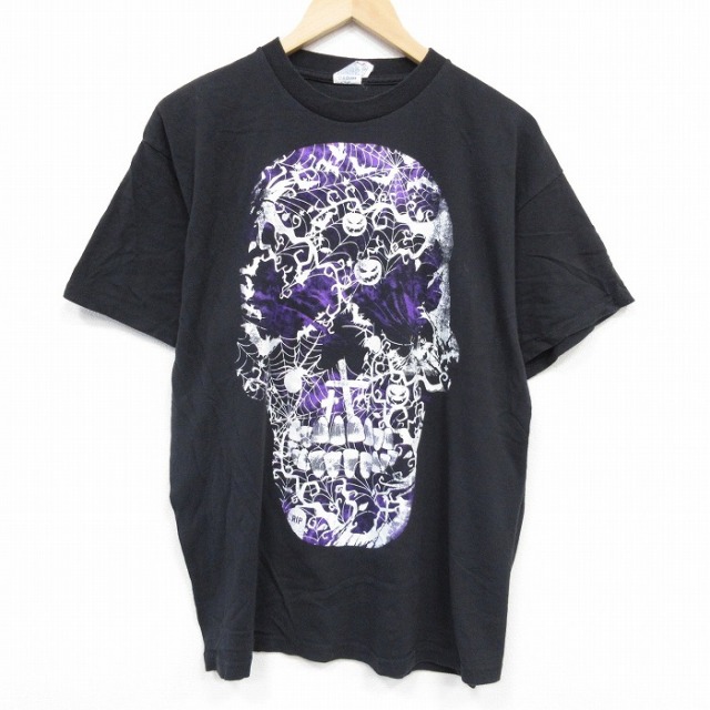 【50%OFF】XL★古着 モッシモ 半袖 Tシャツ メンズ スカル コットン クルーネック 黒 ブラック 25aug29 中古