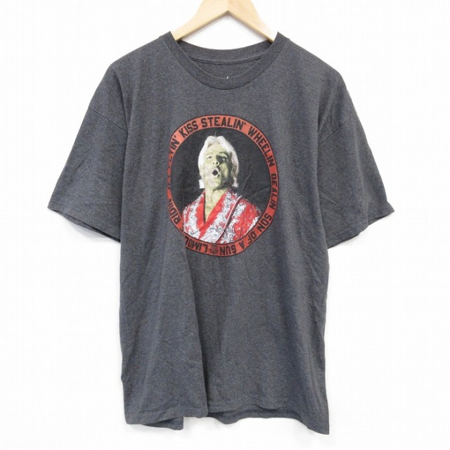 XL★古着 半袖 Tシャツ メンズ ワールドプロレスリング リックフレア クルーネック 濃グレー 霜降り 25aug29 中古